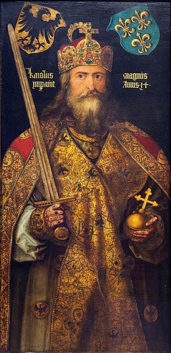 Portrait imaginaire de Charlemagne, par Albrecht D&uuml;rer. Le manteau et les blasons au-dessus de sa t&ecirc;te montrent l'aigle allemand et le lys fran&ccedil;ais.